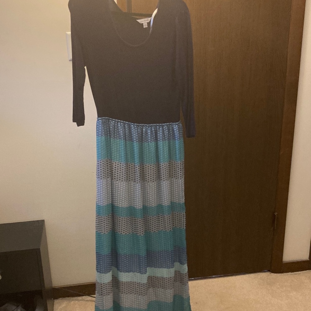 Charming Charlie Black Top Teal and Gray Striped Maxi Dress